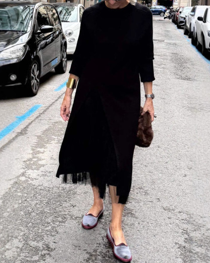 Women's Long Knitted Dress with Side Slit and Sheer Fabric for a Faux Two-Piece Design