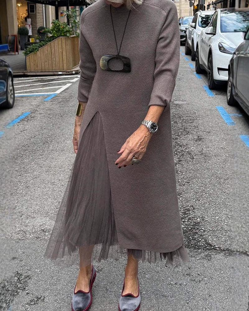 Women's Long Knitted Dress with Side Slit and Sheer Fabric for a Faux Two-Piece Design