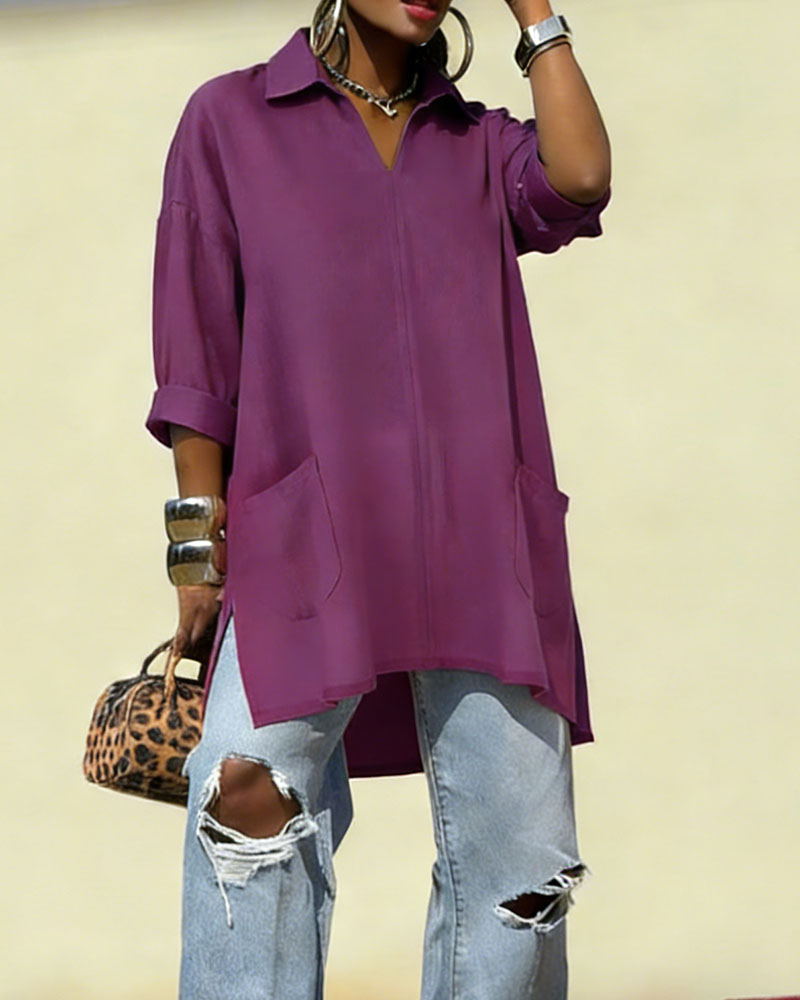 Women's Oversized V-Neck Collared Blouse - Relaxed Fit Longline Shirt with Side Pockets & Slits (7 Colors: Red/Orange/White/Blue/Purple/Light Blue/Navy)
