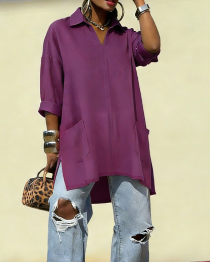 Women's Oversized V-Neck Collared Blouse - Relaxed Fit Longline Shirt with Side Pockets & Slits (7 Colors: Red/Orange/White/Blue/Purple/Light Blue/Navy)