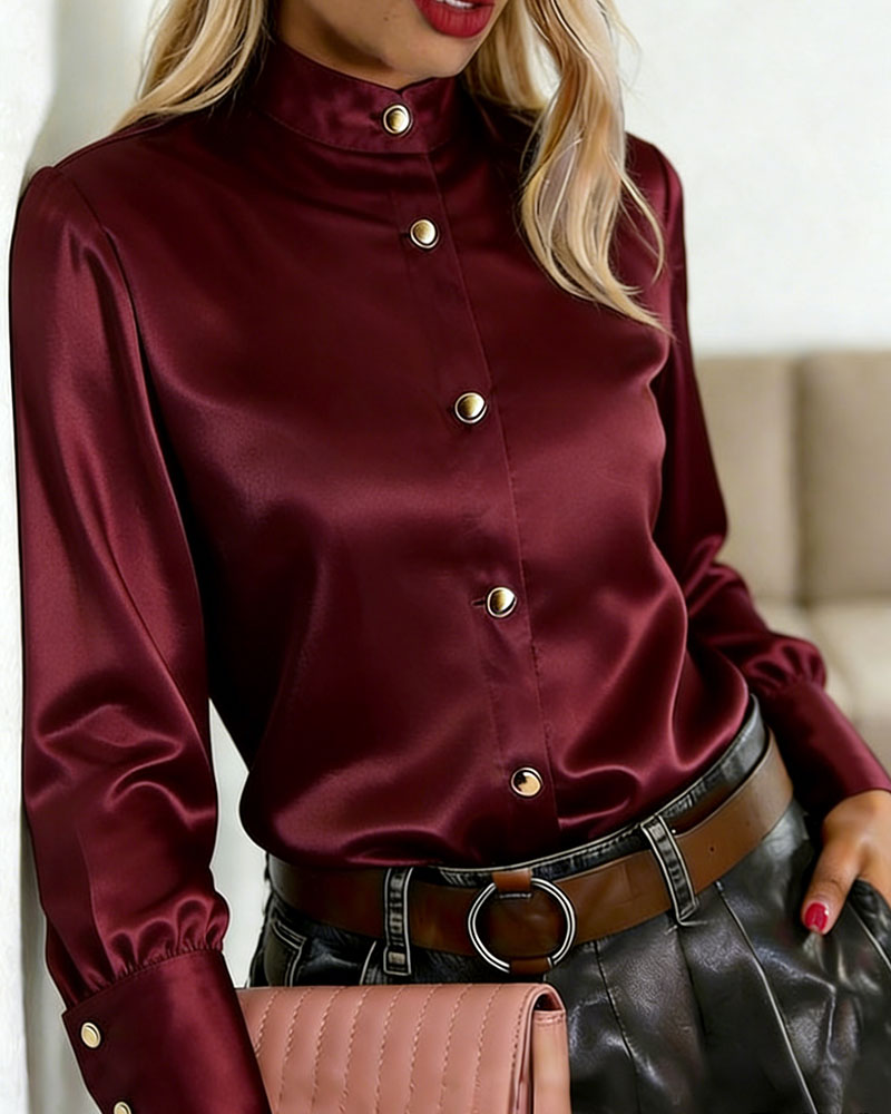Women's Satin Stand Collar Blouse - Long Sleeve Button-Down Shirt with Metal Accent Buttons (Burgundy/Black/White)