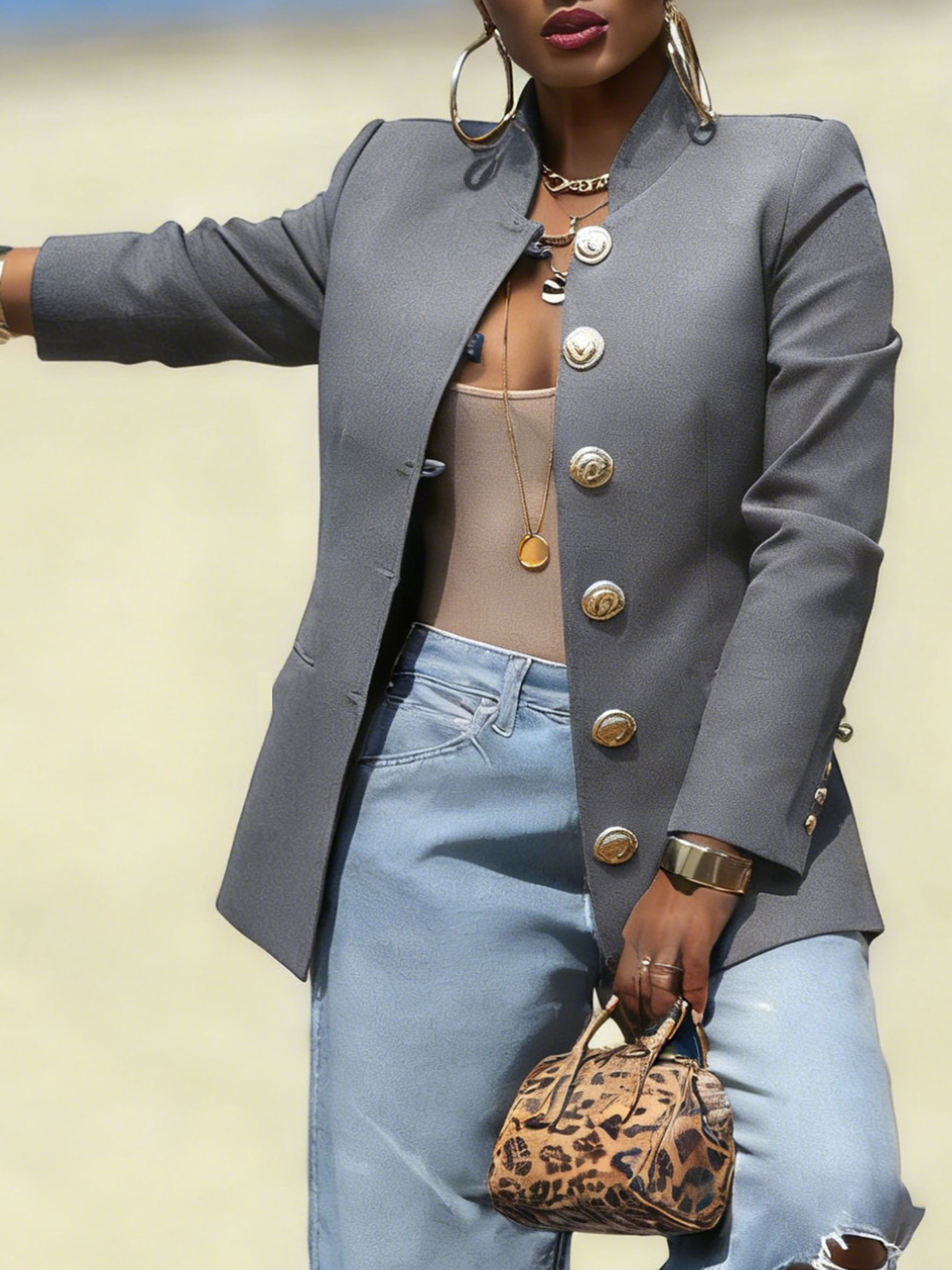 Stand-Collar Military Style Blazer for Women - Ornate Gold Button Structured Jacket (Multiple Colors)