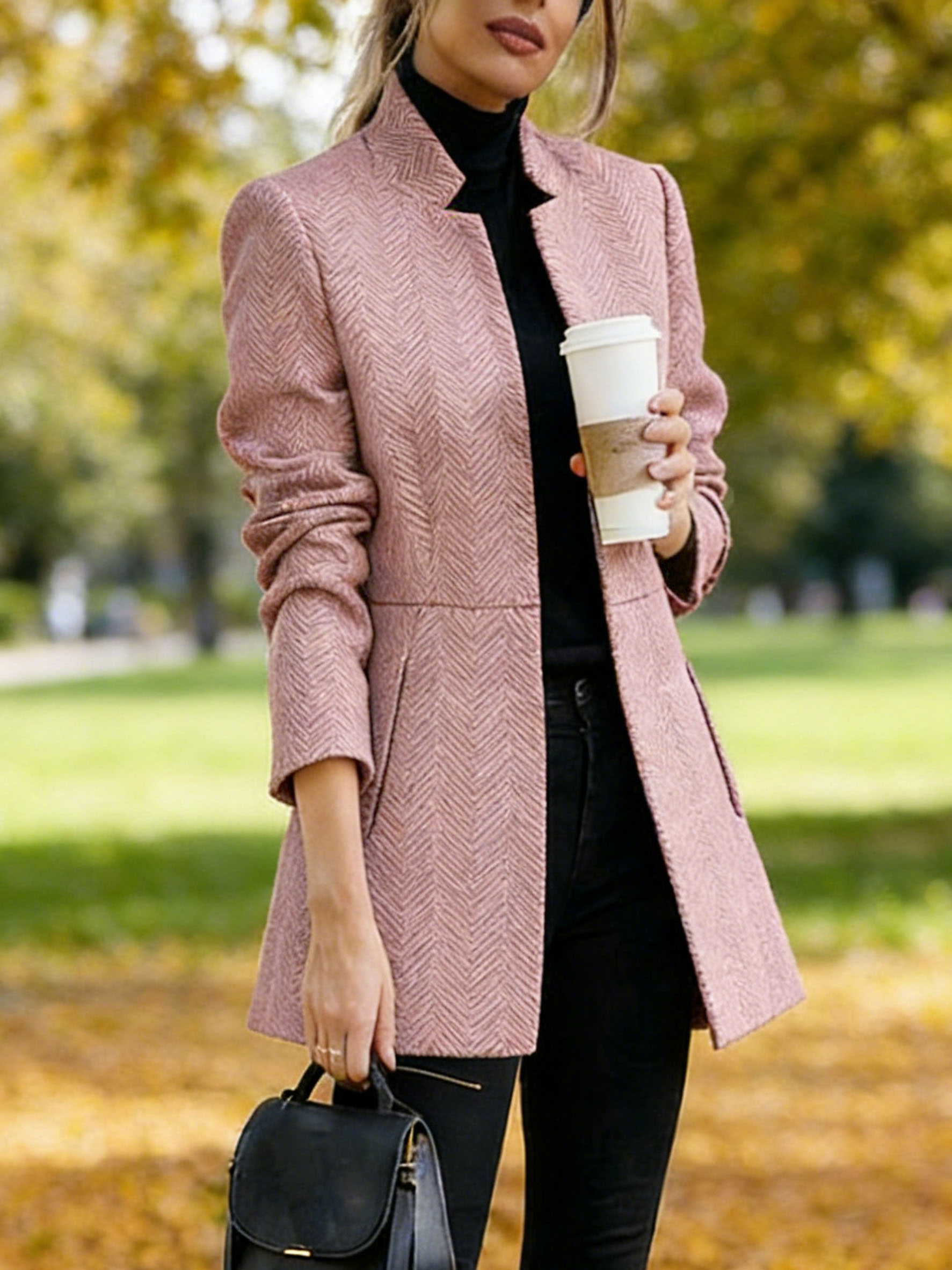 Women Houndstooth Long Sleeve Blazer Warm Office Neck Jacket With Pock