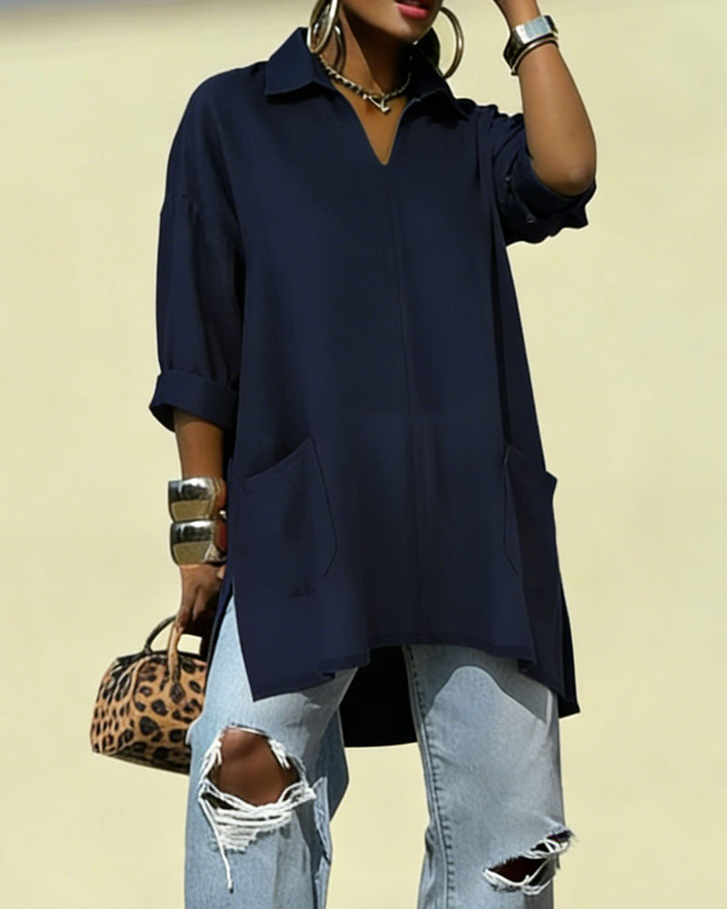 Women's Oversized V-Neck Collared Blouse - Relaxed Fit Longline Shirt with Side Pockets & Slits (7 Colors: Red/Orange/White/Blue/Purple/Light Blue/Navy)