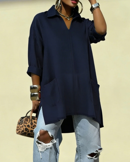 Women's Oversized V-Neck Collared Blouse - Relaxed Fit Longline Shirt with Side Pockets & Slits (7 Colors: Red/Orange/White/Blue/Purple/Light Blue/Navy)