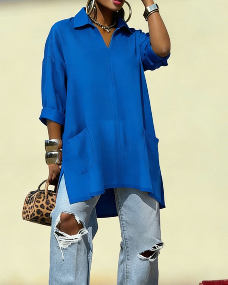Women's Oversized V-Neck Collared Blouse - Relaxed Fit Longline Shirt with Side Pockets & Slits (7 Colors: Red/Orange/White/Blue/Purple/Light Blue/Navy)