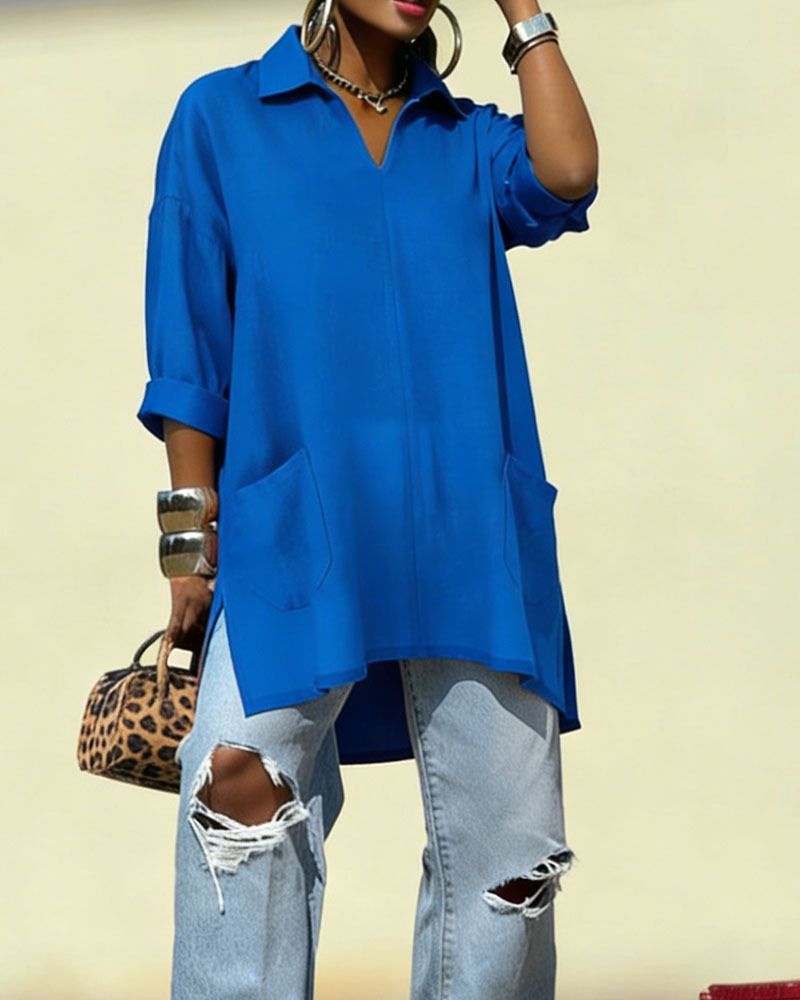 Women's Oversized V-Neck Collared Blouse - Relaxed Fit Longline Shirt with Side Pockets & Slits (7 Colors: Red/Orange/White/Blue/Purple/Light Blue/Navy)