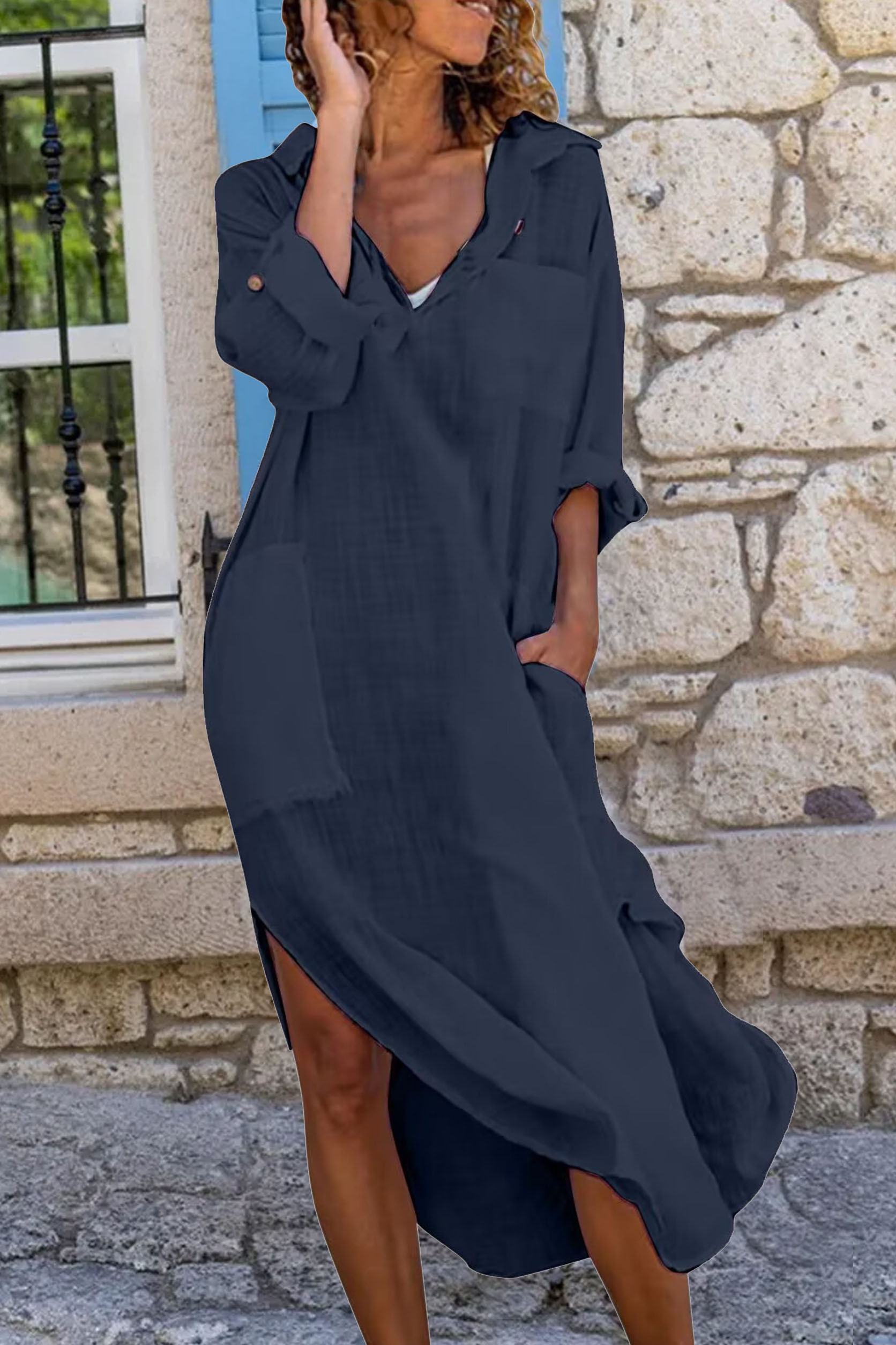 Fashion Solid Color Button Slit Loose Breathable Casual Shirt Cotton Linen Long Shirt Dress