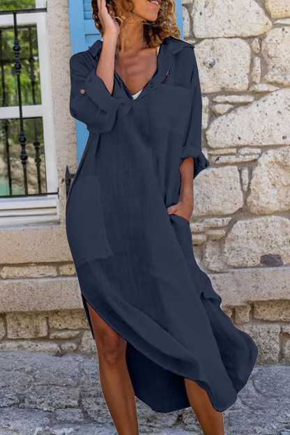 Fashion Solid Color Button Slit Loose Breathable Casual Shirt Cotton Linen Long Shirt Dress