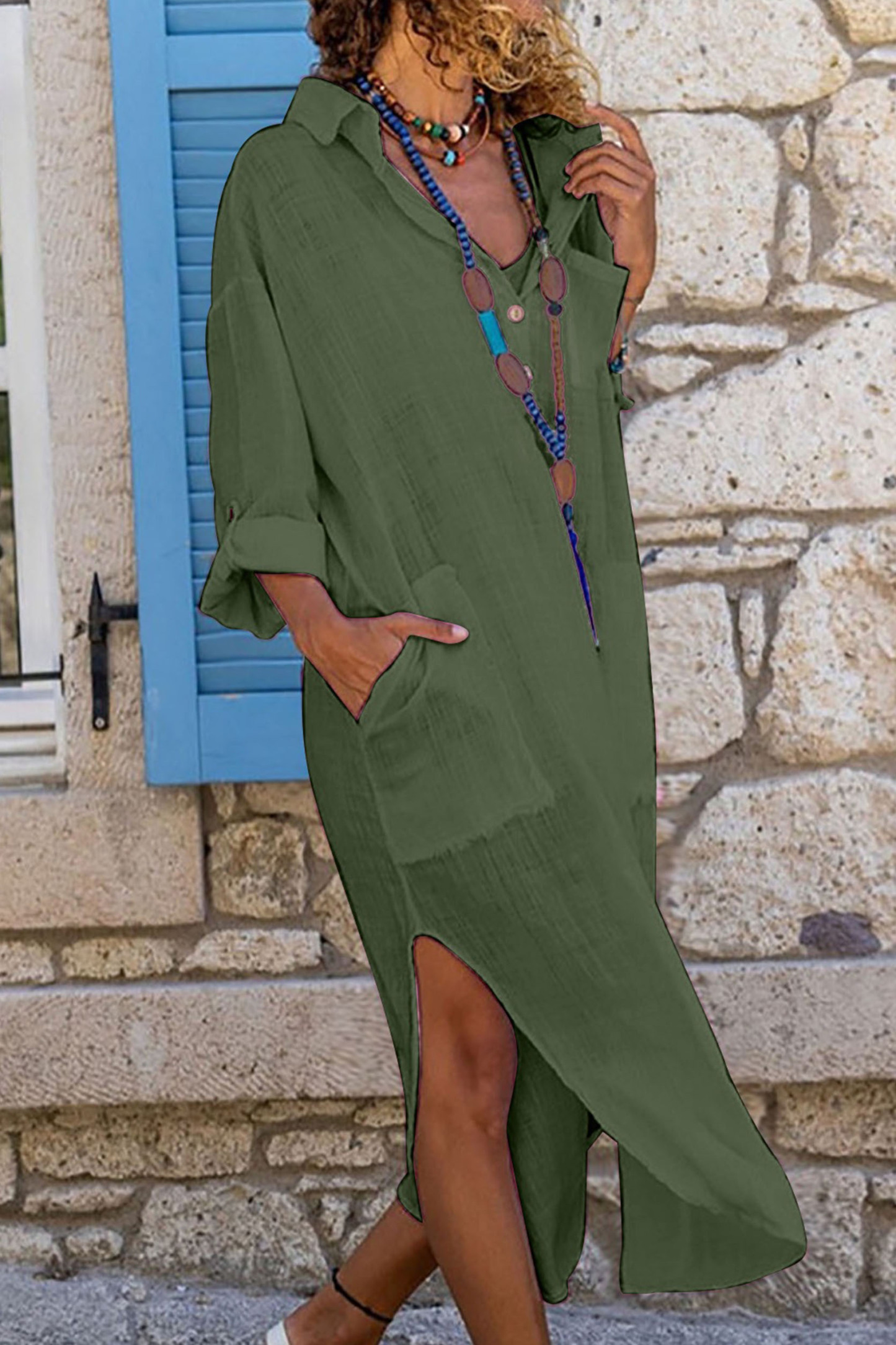 Fashion Solid Color Button Slit Loose Breathable Casual Shirt Cotton Linen Long Shirt Dress