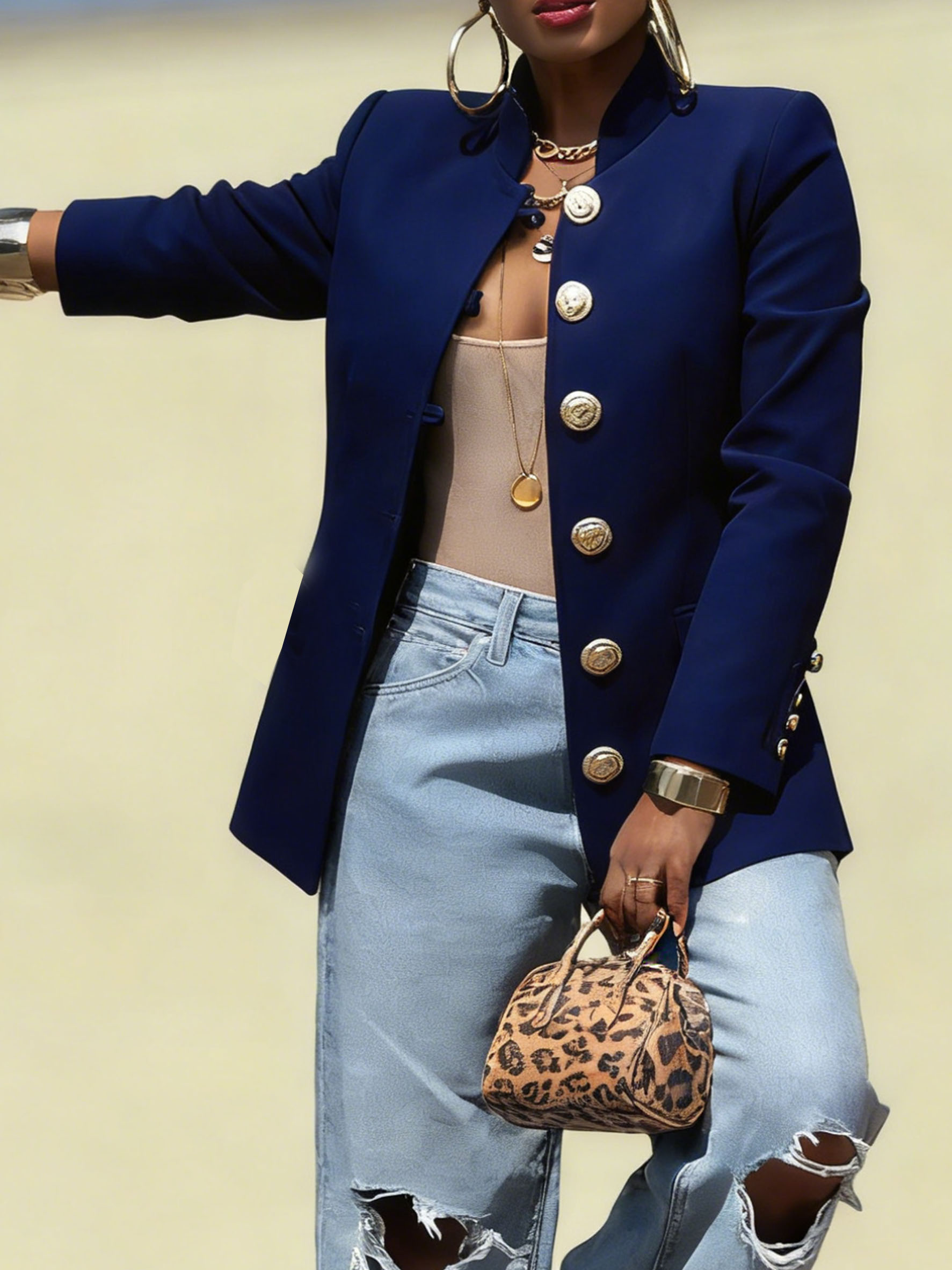 Stand-Collar Military Style Blazer for Women - Ornate Gold Button Structured Jacket (Multiple Colors)