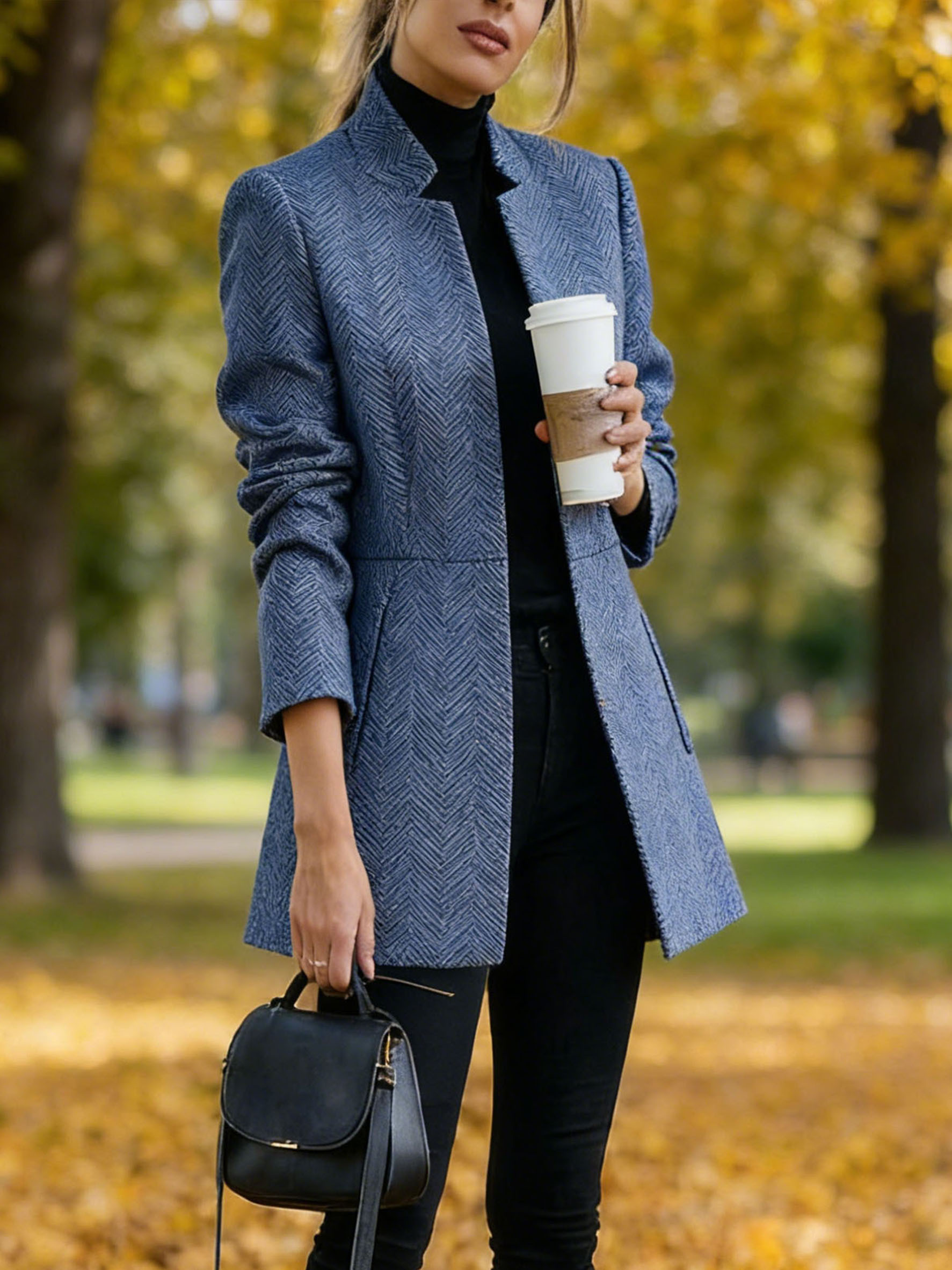 Women Houndstooth Long Sleeve Blazer Warm Office Neck Jacket With Pockets Open Front Cardigans