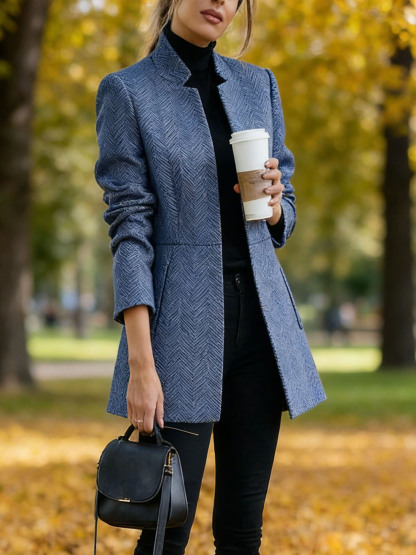 Women Houndstooth Long Sleeve Blazer Warm Office Neck Jacket With Pockets Open Front Cardigans