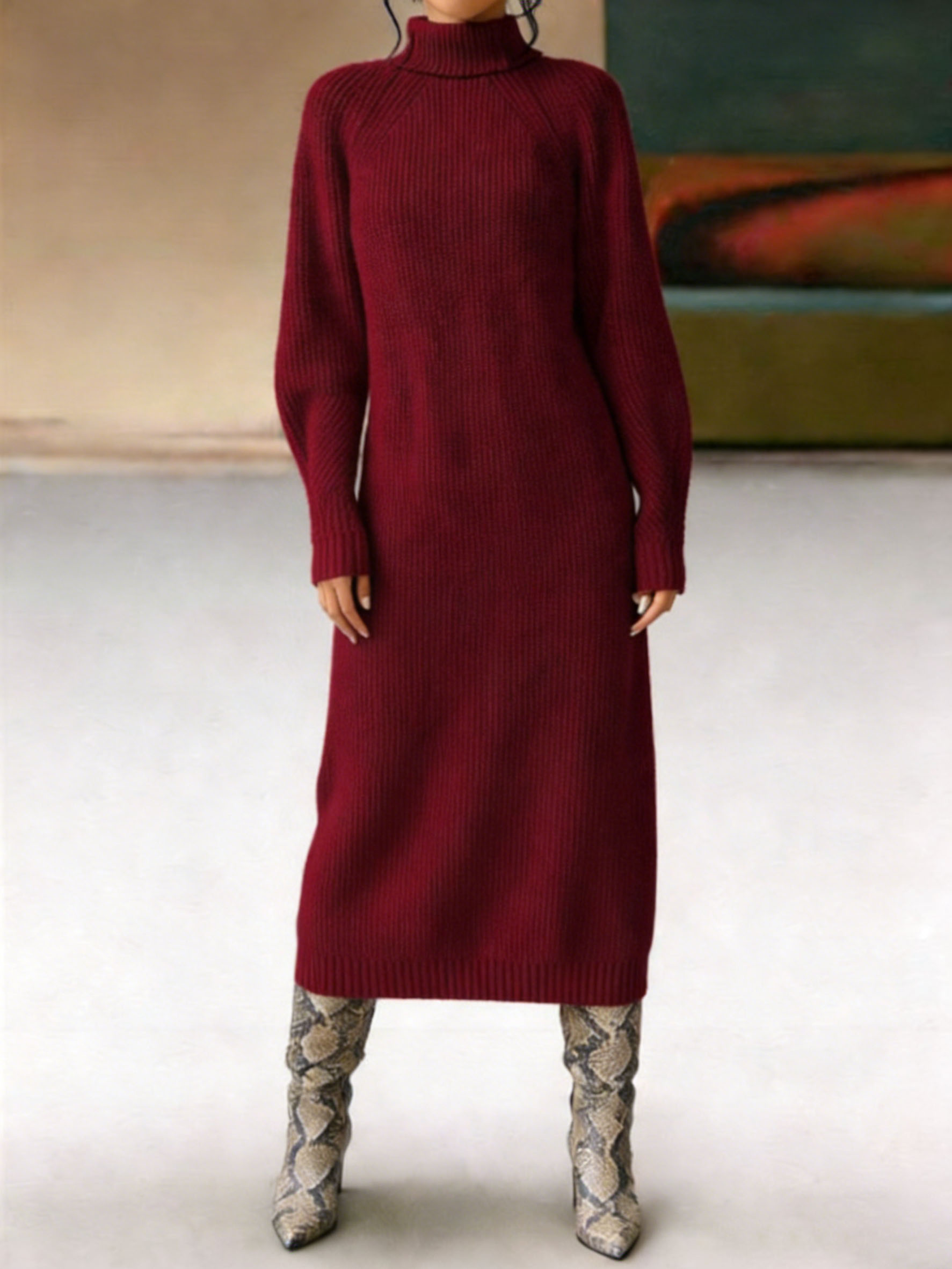 Women's Turtleneck Ribbed Knit Maxi Dress - Long Sleeve Slim-Fit Warm Knit Dress for Fall/Winter, Casual Party Daily Wear (Multiple Colors)