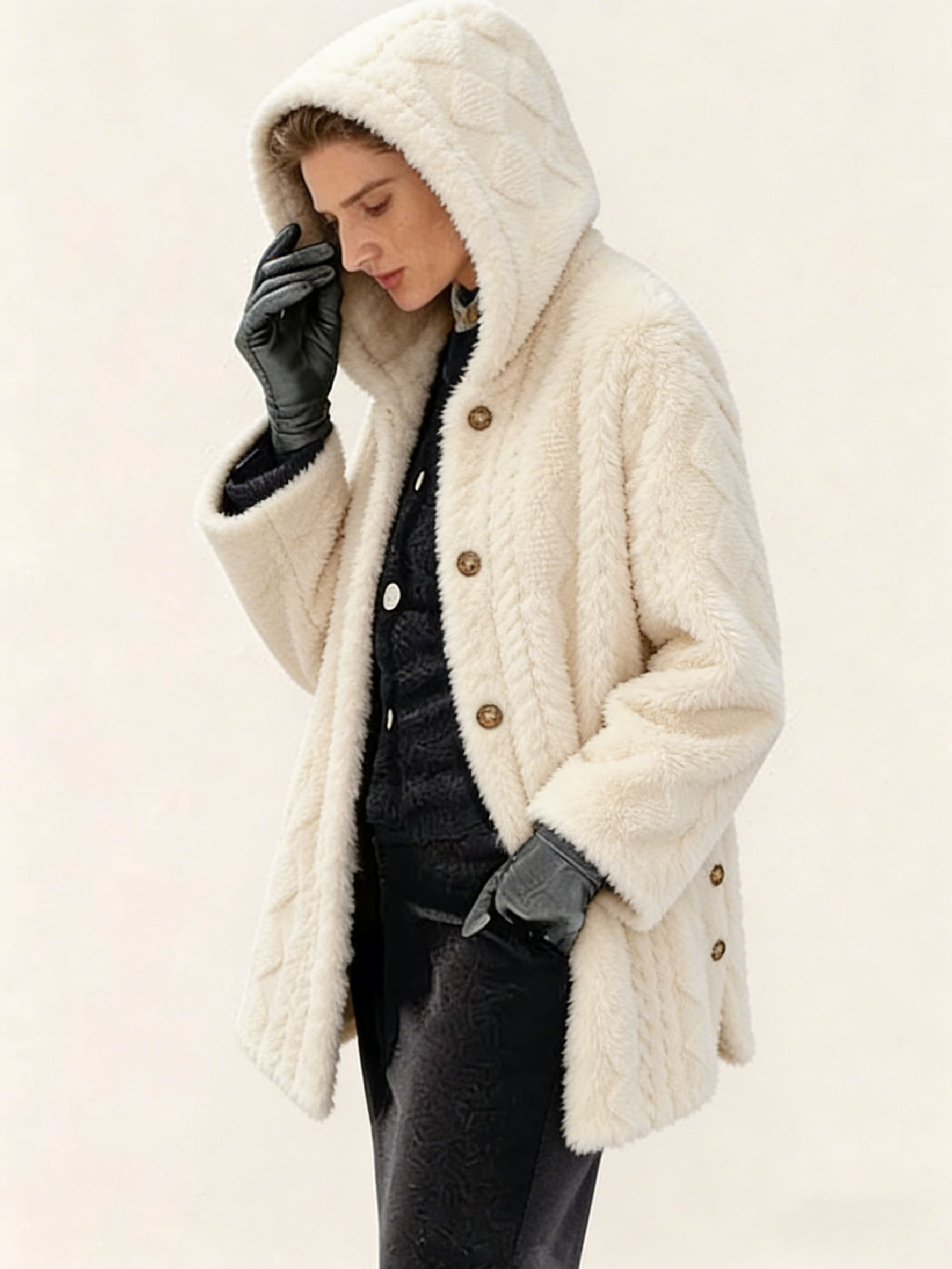 Women's Polyester Faux Fur Hooded Coat - Quilted Warm Winter Jacket, Casual Elegant Outerwear with Metal Buttons (Multiple Colors)