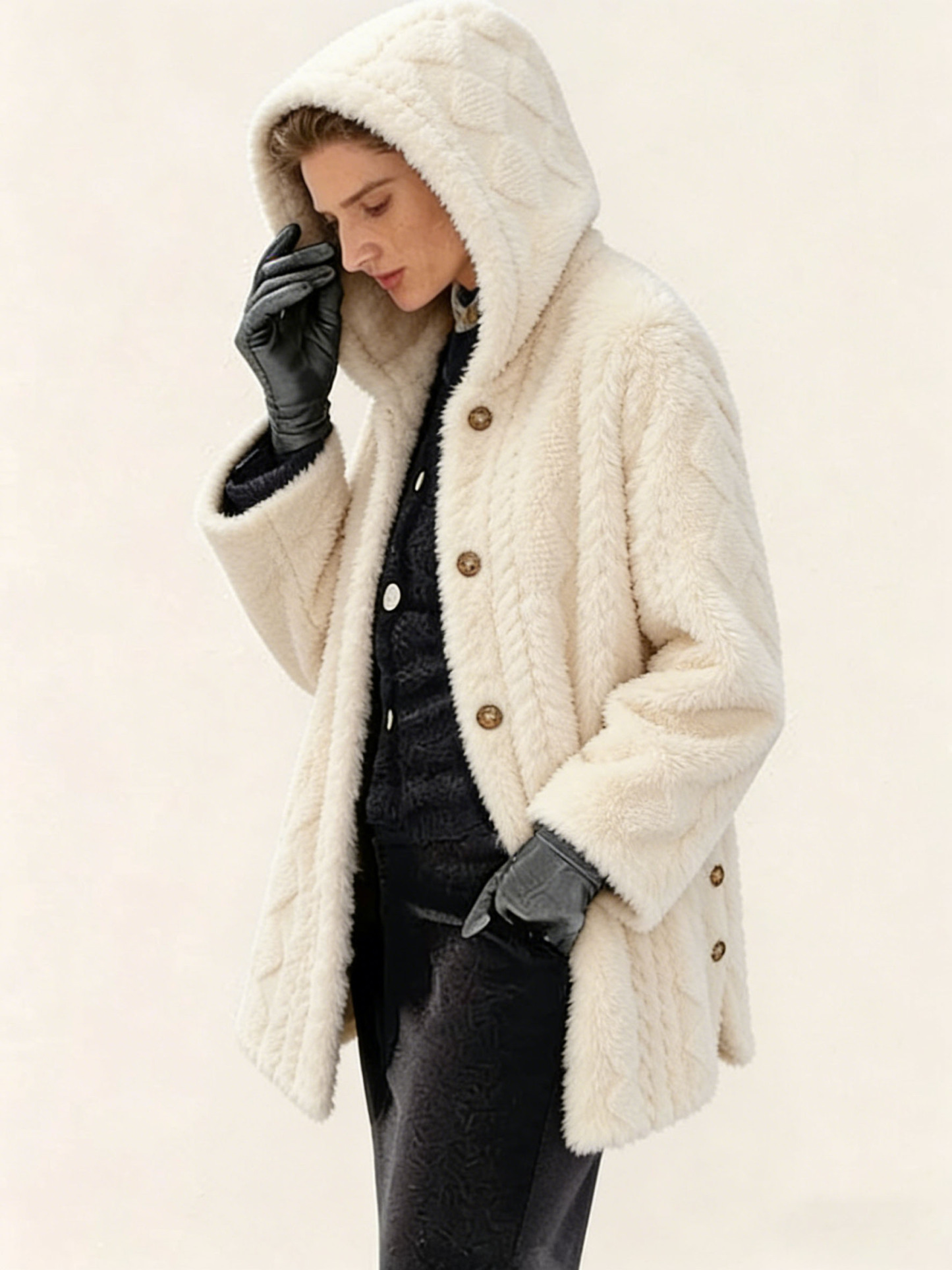 Women's Polyester Faux Fur Hooded Coat - Quilted Warm Winter Jacket, Casual Elegant Outerwear with Metal Buttons (Multiple Colors)