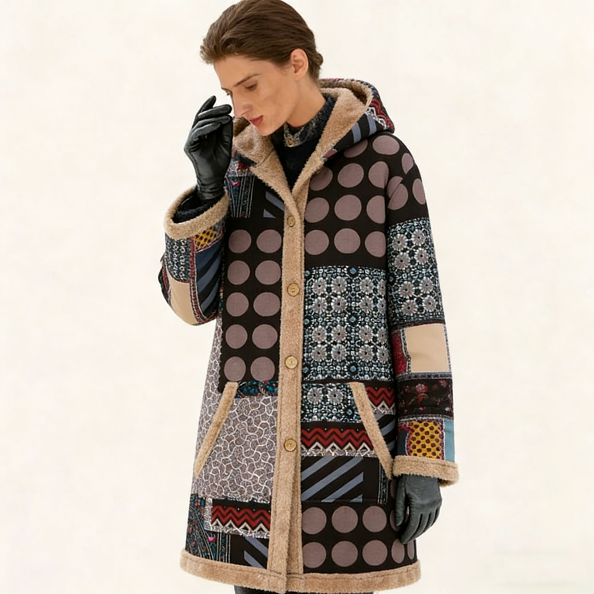 Women's Fleece-Lined Vintage Patchwork Hooded Coat - Warm Casual Outerwear for Fall & Winter