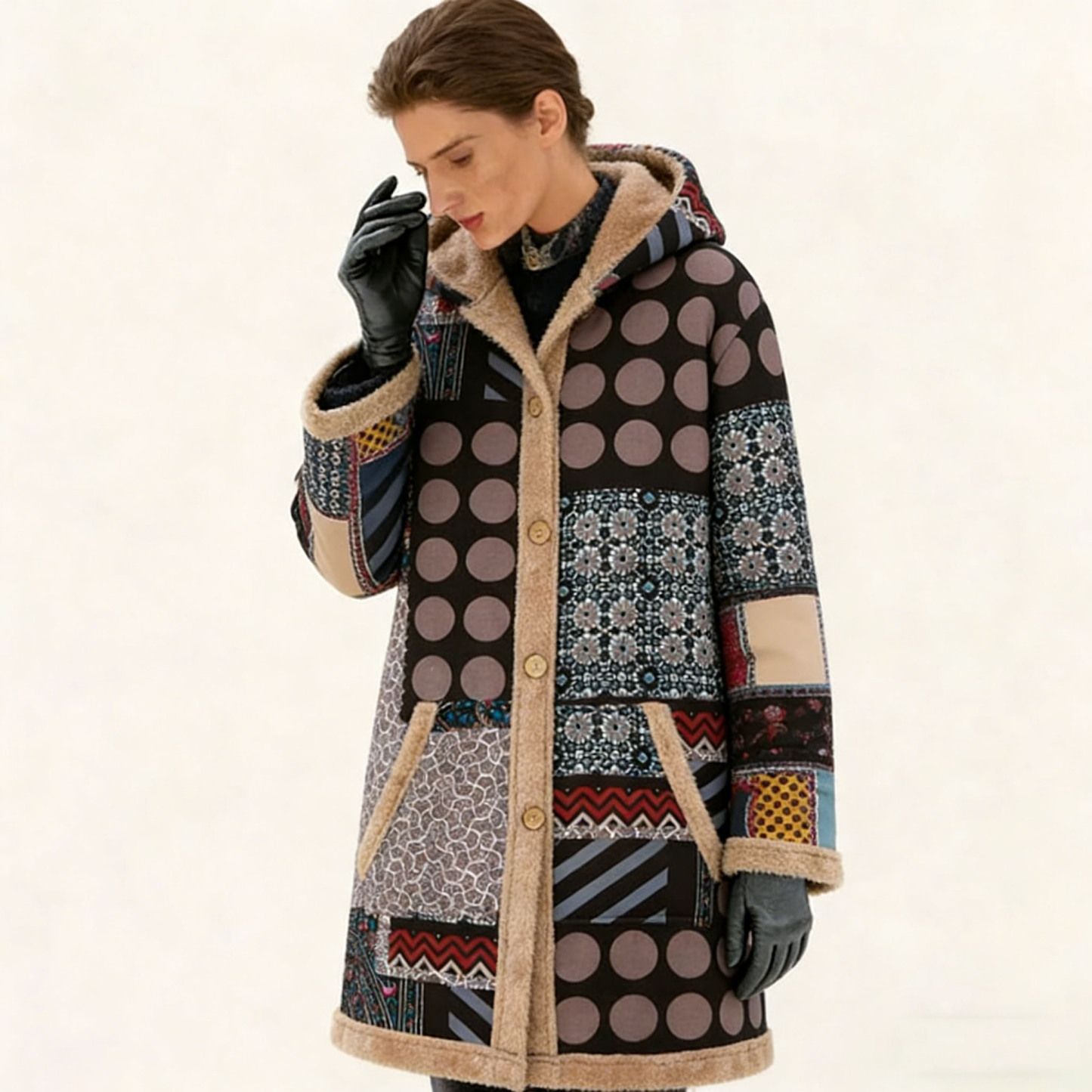 Women's Fleece-Lined Vintage Patchwork Hooded Coat - Warm Casual Outerwear for Fall & Winter