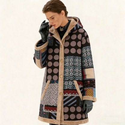 Women's Fleece-Lined Vintage Patchwork Hooded Coat - Warm Casual Outerwear for Fall & Winter