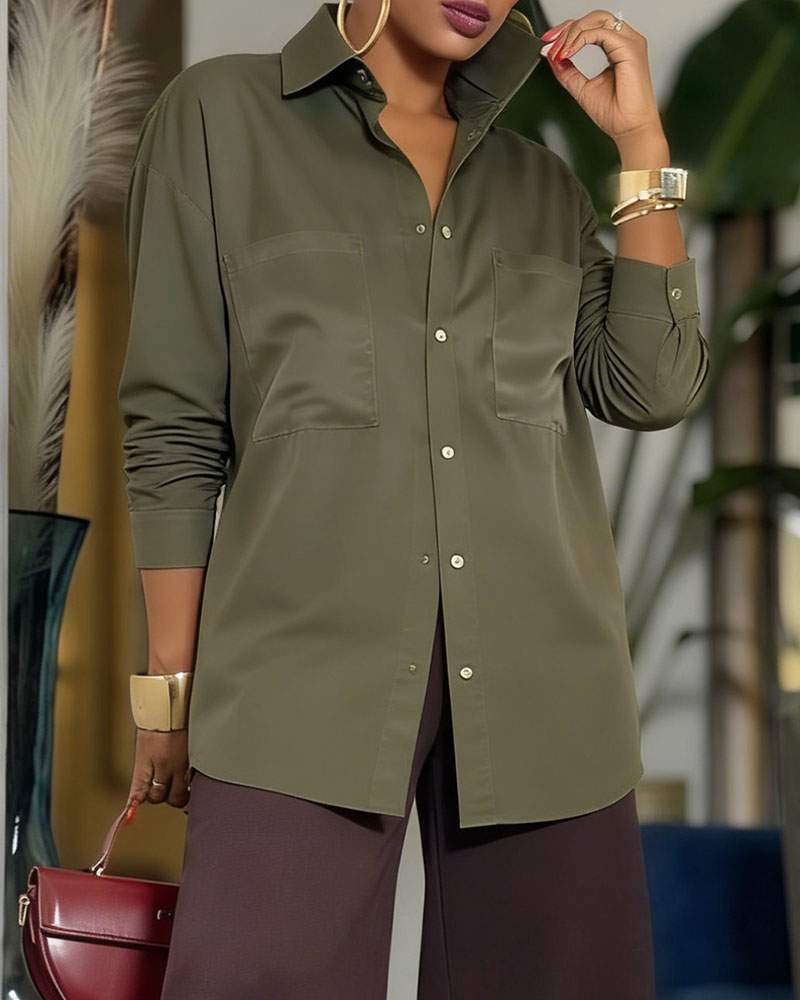 Women's Oversized  Button-Down Shirt - Long Sleeve Loose Fit Blouse with Pockets (White/Black/Red/Olive Green)