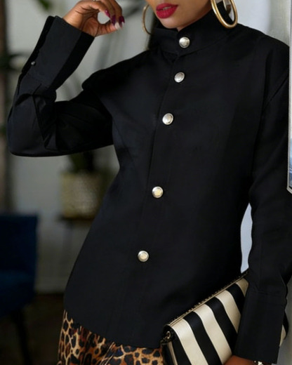 Women's Stand Collar Blouse with Metal Buttons