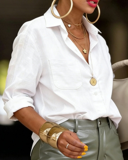 Women's Oversized Cotton Button-Down Shirt - Relaxed Fit Collared Blouse with Chest Pocket (White/Beige/Light Blue/Pink)