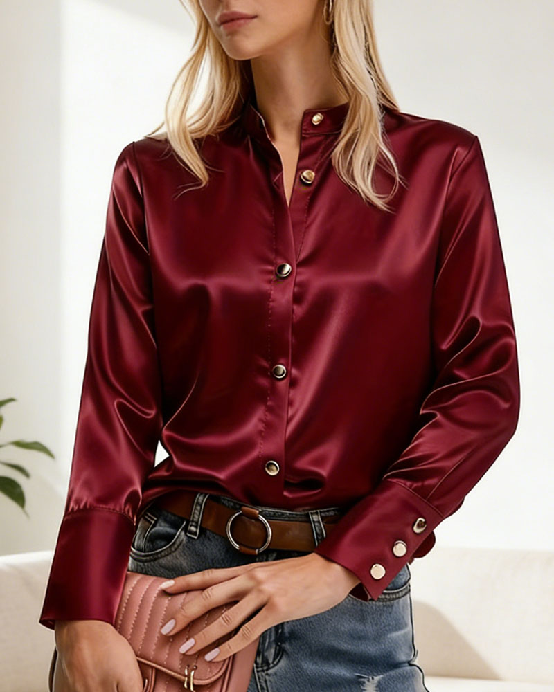 Women's Satin Stand Collar Blouse - Long Sleeve Button-Down Shirt with Metal Accent Buttons (Burgundy/Black/White)