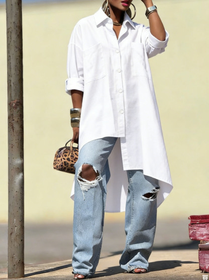 Women's Linen-Cotton Oversized Tunic Shirt - Loose Fit Long Sleeve Button-Down Blouse (Multi-Color Options)