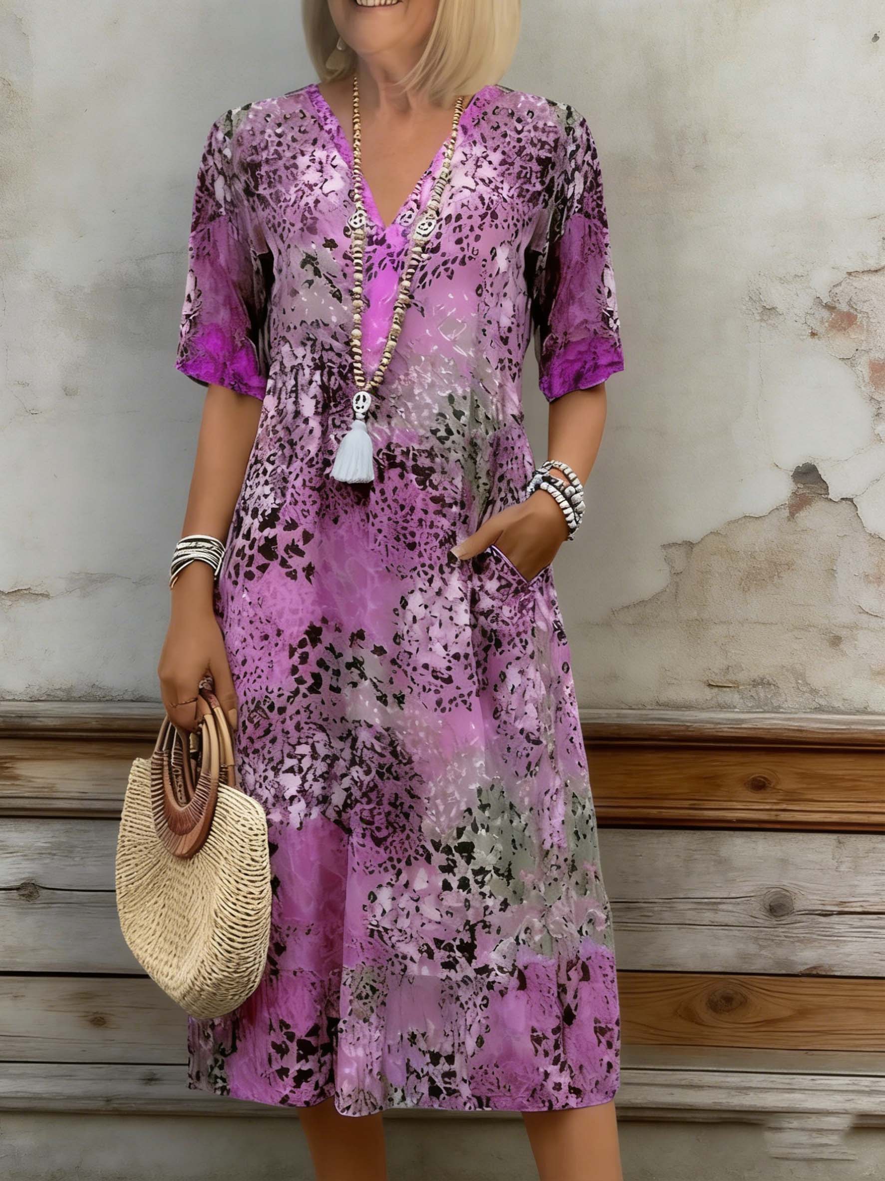 Women's V-Neck Half Sleeve Midi Dress - Lightweight Floral/Animal Print Casual Dress with Side Pockets for Vacation & Daily Wear