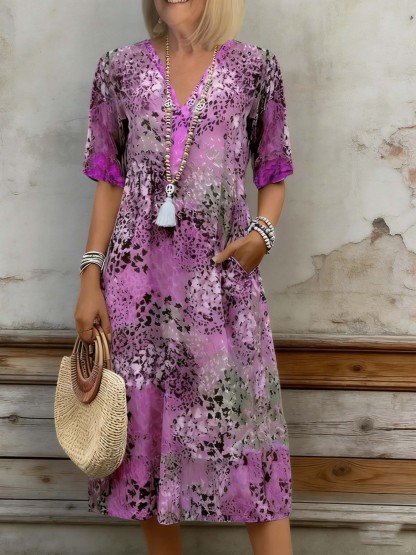 Women's V-Neck Half Sleeve Midi Dress - Lightweight Floral/Animal Print Casual Dress with Side Pockets for Vacation & Daily Wear