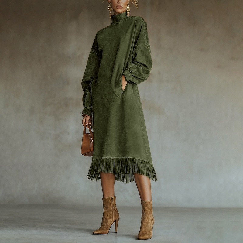 High-neck Suede Retro Loose-fitting Pocket Tassel Long-sleeved Dress