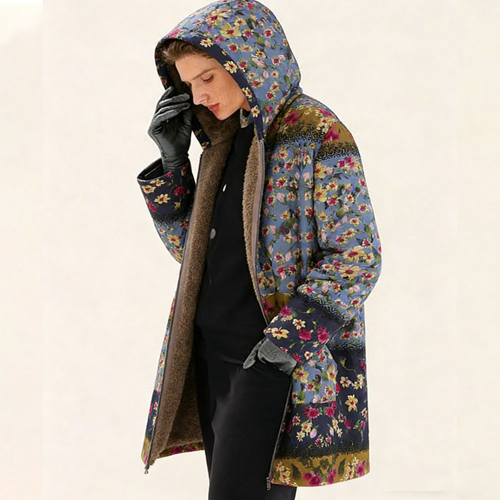 Women's Fleece-Lined Vintage Floral Hooded Coat - Warm Casual Outerwear for Fall & Winter