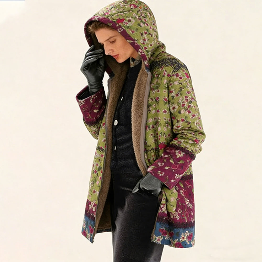 Women's Fleece-Lined Vintage Floral Hooded Coat - Warm Casual Outerwear for Fall & Winter