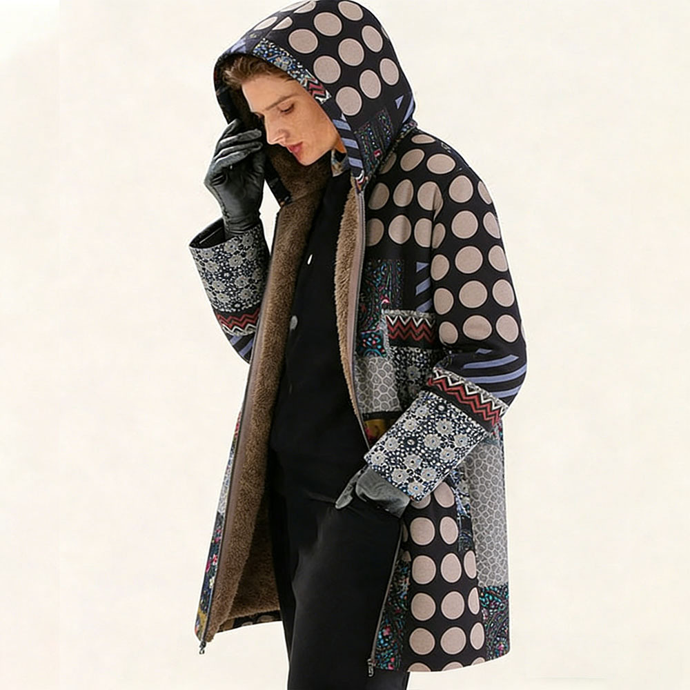 Women's Fleece-Lined Patchwork Hooded Coat - Vintage Boho Print Warm Outerwear for Fall & Winter Casual Wear