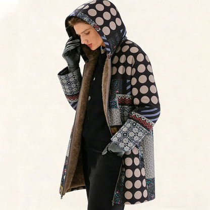 Women's Fleece-Lined Patchwork Hooded Coat - Vintage Boho Print Warm Outerwear for Fall & Winter Casual Wear