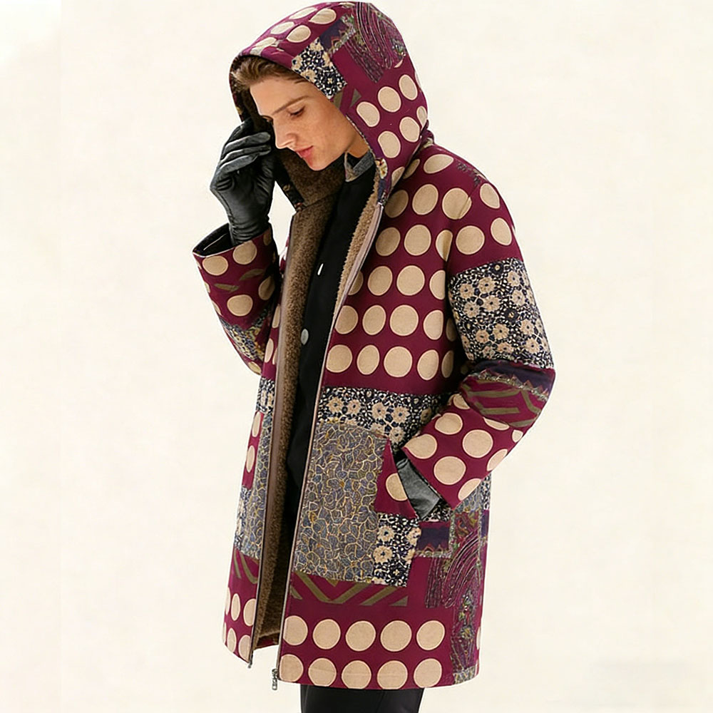 Women's Fleece-Lined Patchwork Hooded Coat - Vintage Boho Print Warm Outerwear for Fall & Winter Casual Wear