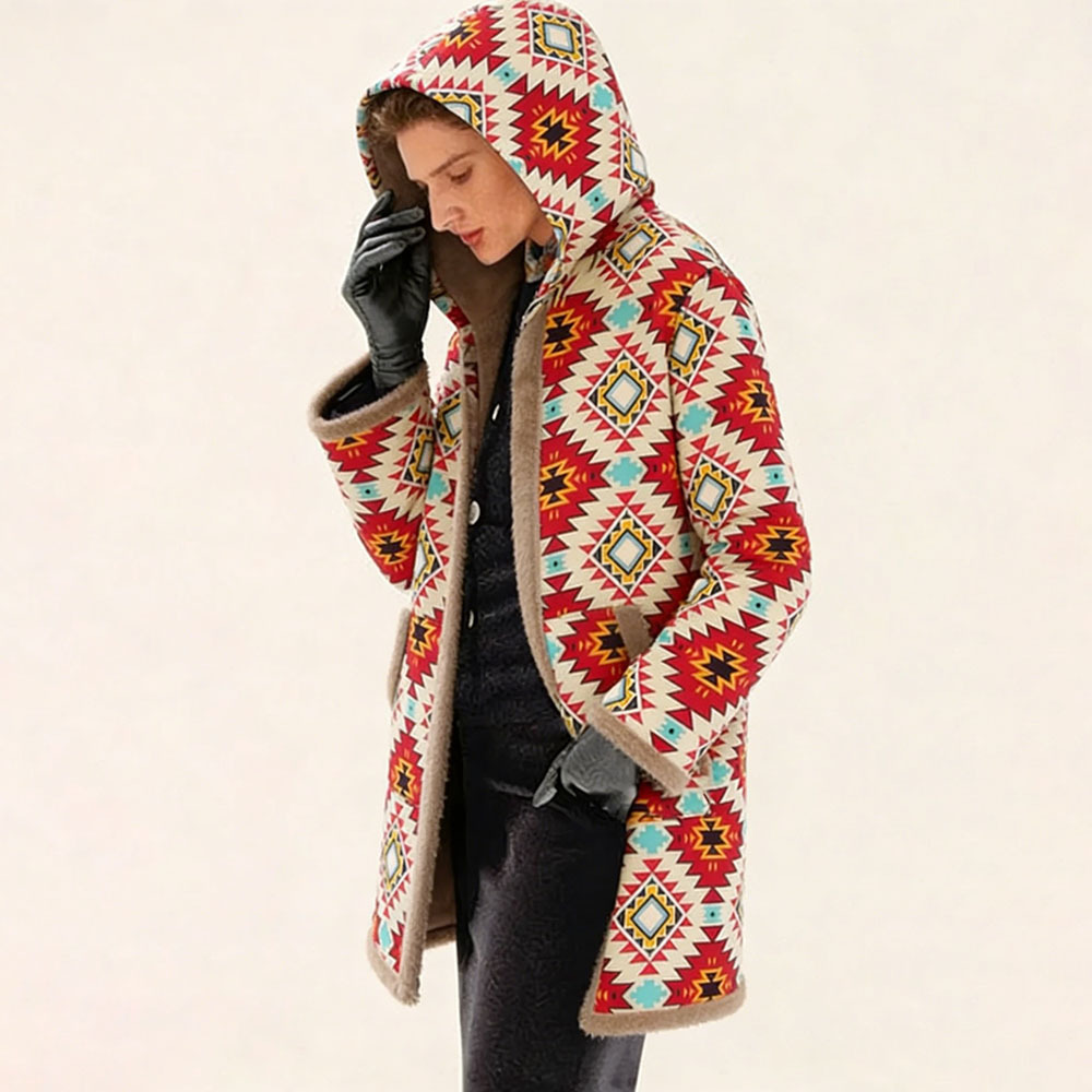Women's Fleece-Lined Ethnic Aztec Pattern Hooded Coat - Warm Casual Outerwear for Fall & Winter