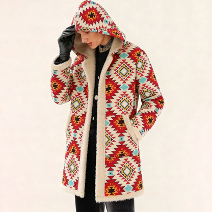 Women's Fleece-Lined Ethnic Aztec Pattern Hooded Coat - Warm Casual Outerwear for Fall & Winter