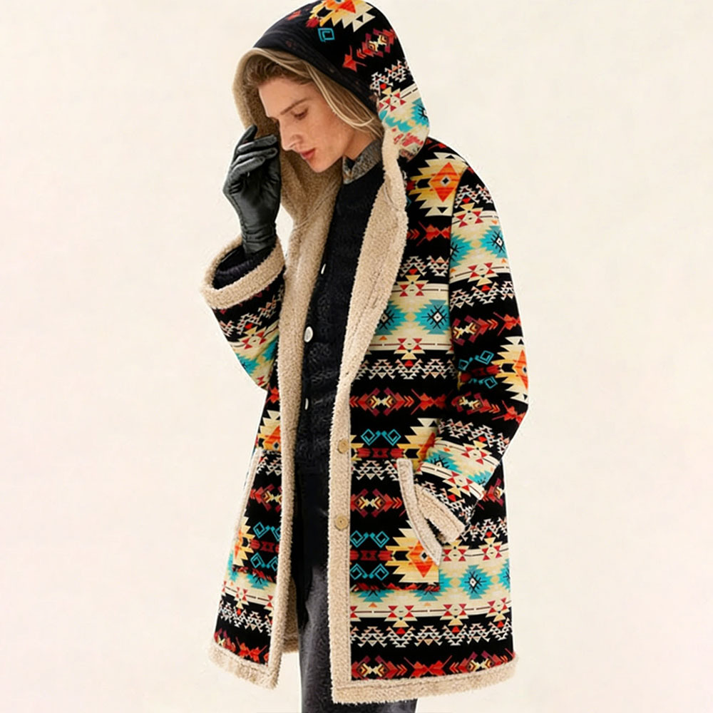 Women's Fleece-Lined Ethnic Aztec Pattern Hooded Coat - Warm Casual Outerwear for Fall & Winter