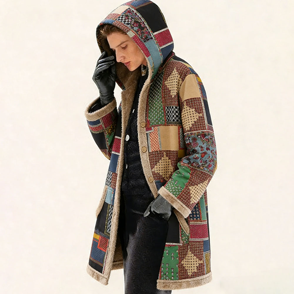 Women's Fleece-Lined Vintage Patchwork Hooded Coat - Warm Casual Outerwear for Fall & Winter