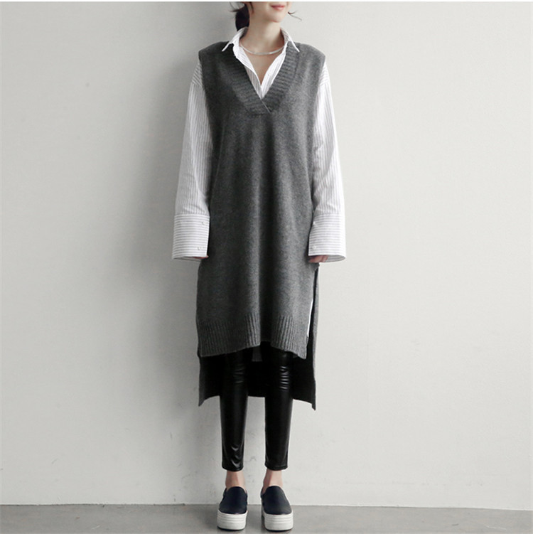 Women's Oversized V-Neck Knit Vest Dress - Loose Midi Sleeveless Sweater Dress for Layered Casual Style