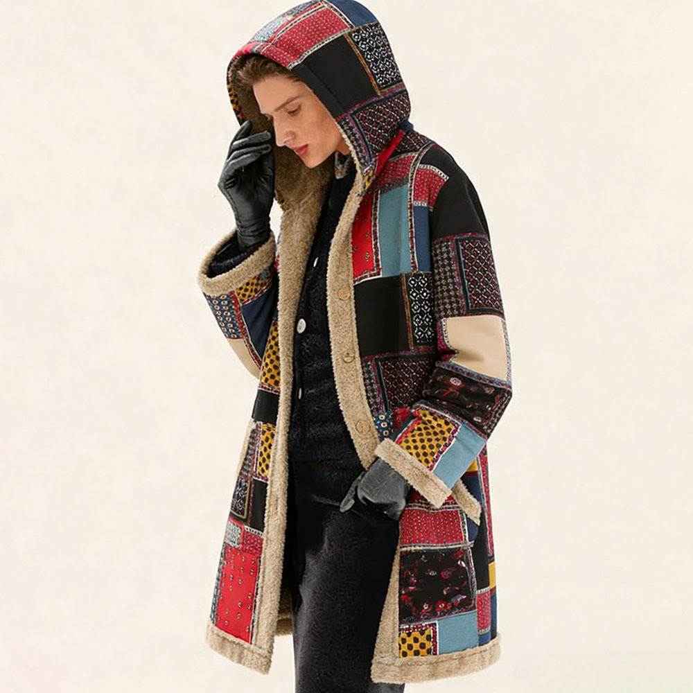 Women's Fleece-Lined Vintage Patchwork Hooded Coat - Warm Casual Outerwear for Fall & Winter