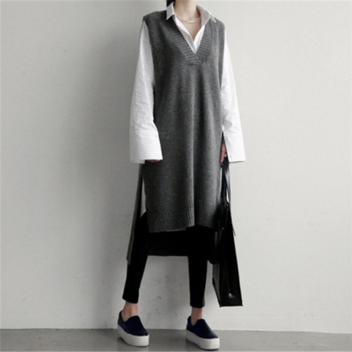 Women's Oversized V-Neck Knit Vest Dress - Loose Midi Sleeveless Sweater Dress for Layered Casual Style