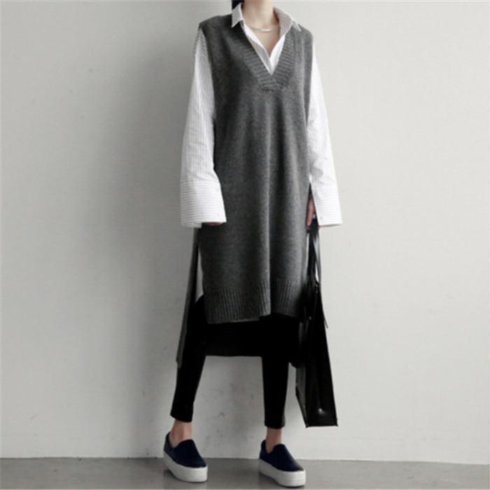 Women's Oversized V-Neck Knit Vest Dress - Loose Midi Sleeveless Sweater Dress for Layered Casual Style