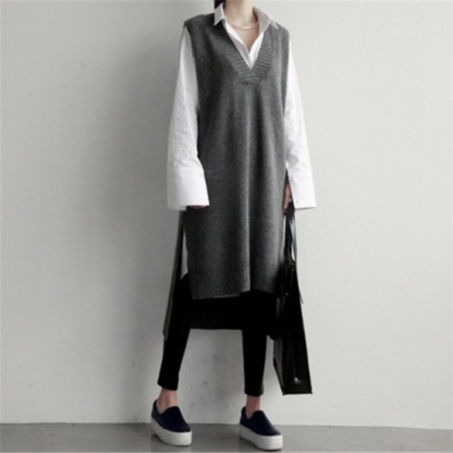 Women's Oversized V-Neck Knit Vest Dress - Loose Midi Sleeveless Sweater Dress for Layered Casual Style