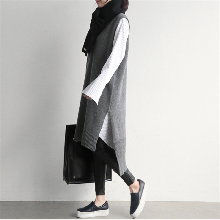 Women's Oversized V-Neck Knit Vest Dress - Loose Midi Sleeveless Sweater Dress for Layered Casual Style