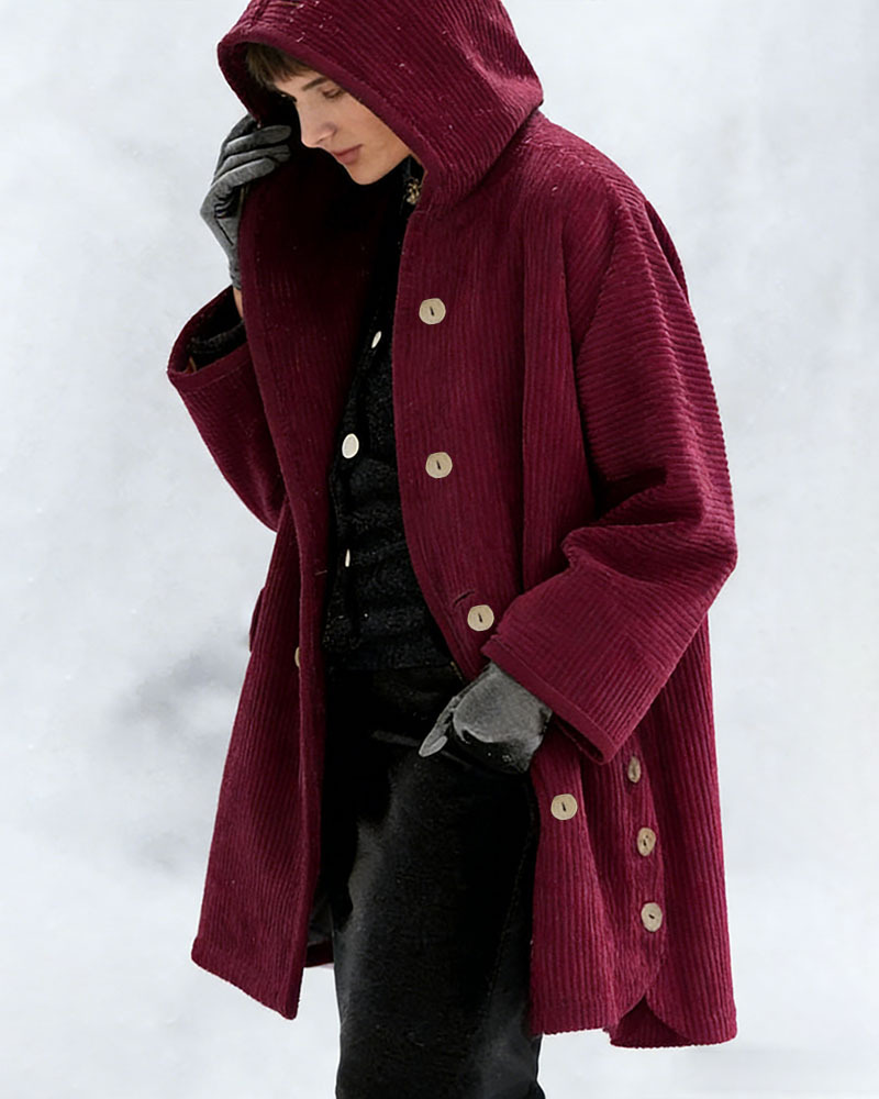 Women's Autumn Winter Short Sleeve Hooded Loose Corduroy Coat - Casual Versatile (Burgundy/Black/White/Green/Light Brown/Gray/Navy Blue)