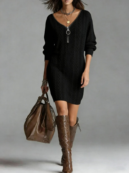 Women's Cable Knit Sweater Dress - V Neck Half Zip Oversized Tunic Dress