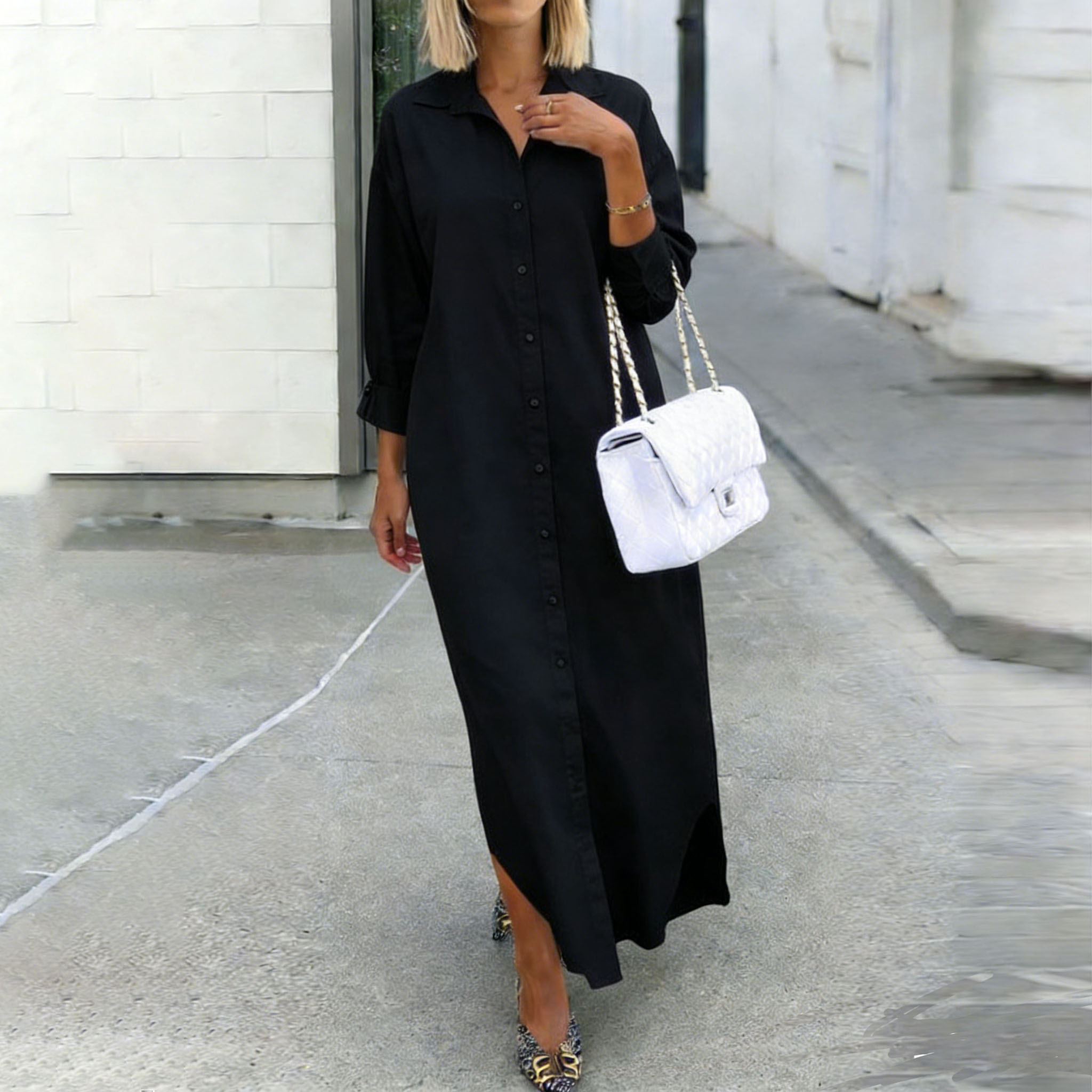 Fashion Casual Solid Color Long Shirt Dress