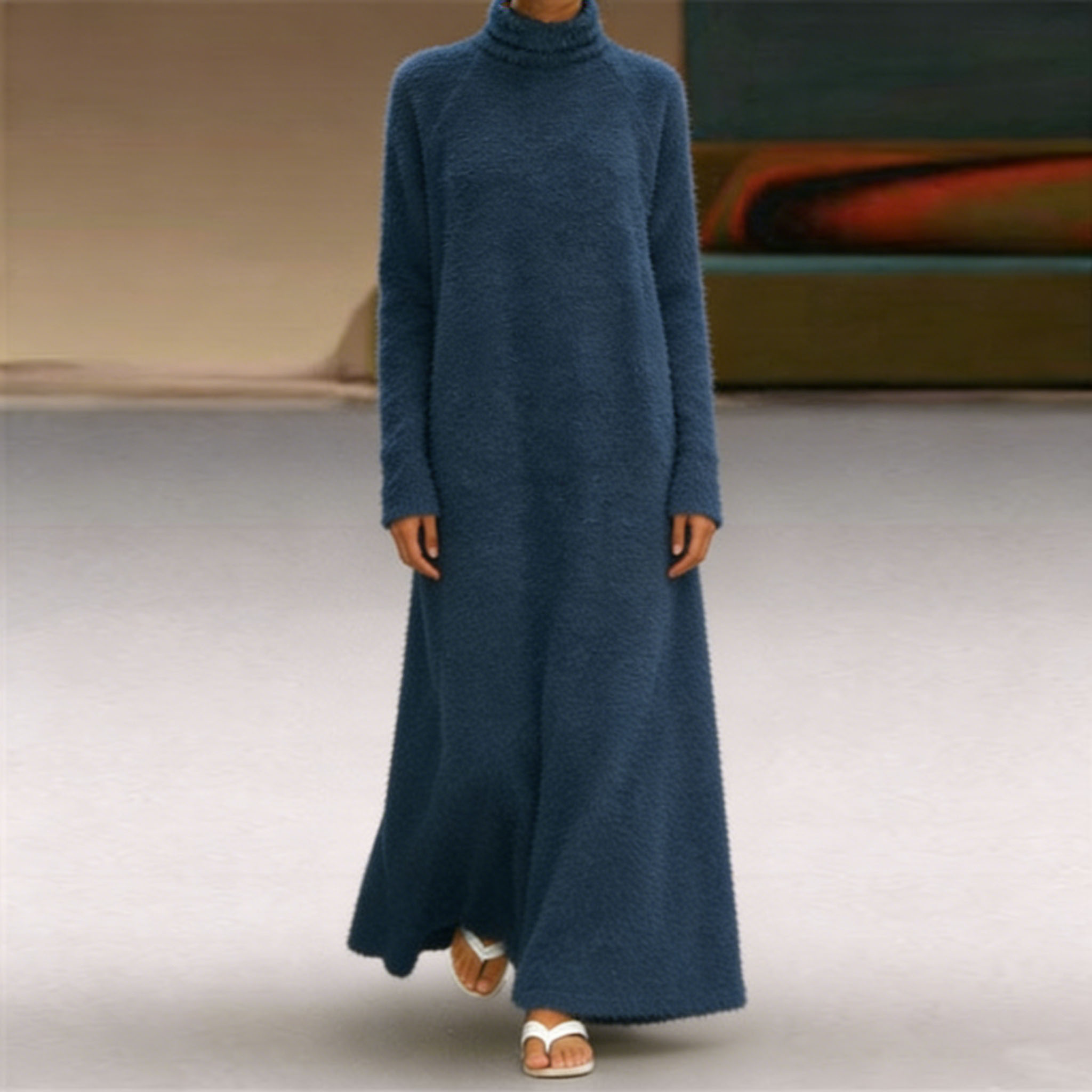 Plush Casual Solid Color Turtleneck Dress